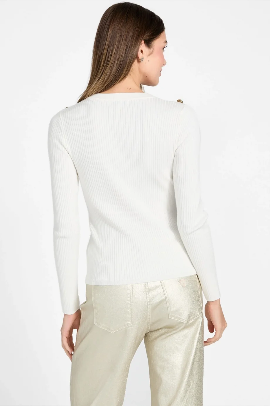 Guess Uzun Kollu Fitilli Logolu Düğmeli Vonn Kadın Beyaz Triko W6RR58Z2YK2-G1O6