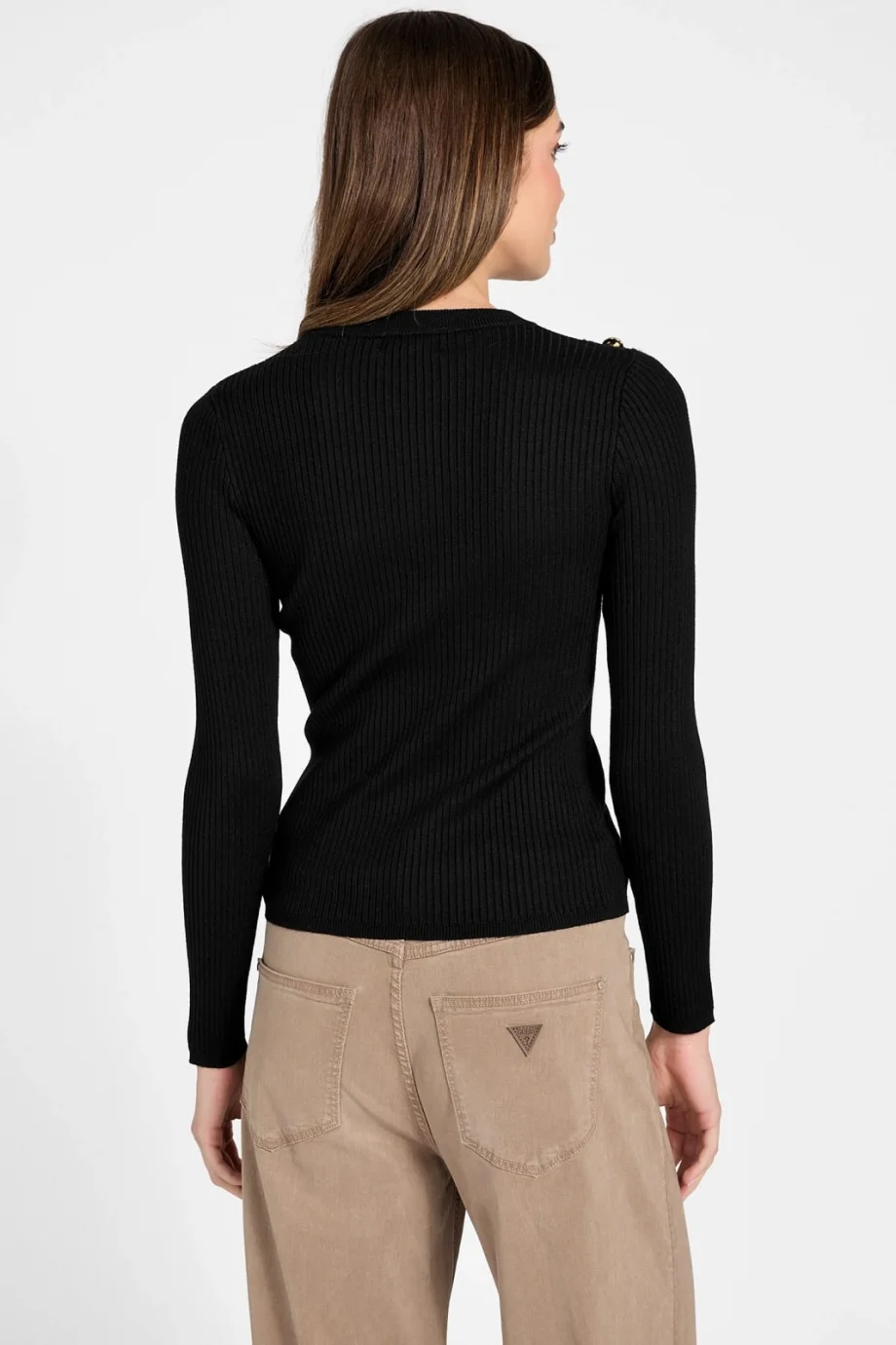 Guess Uzun Kollu Fitilli Logolu Düğmeli Vonn Kadın Siyah Triko W6RR58Z2YK2-JBLK