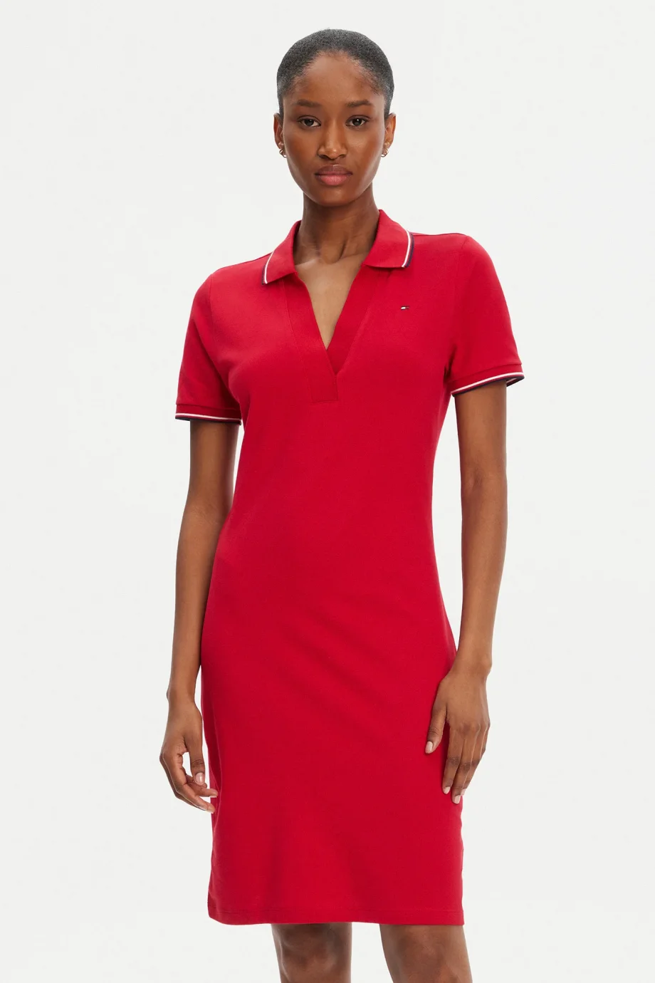 Tommy Hilfiger Kadın 1985 İkonik Şerit Detaylı Dar Kesim Polo Kırmızı Elbise WW0WW45740XLD