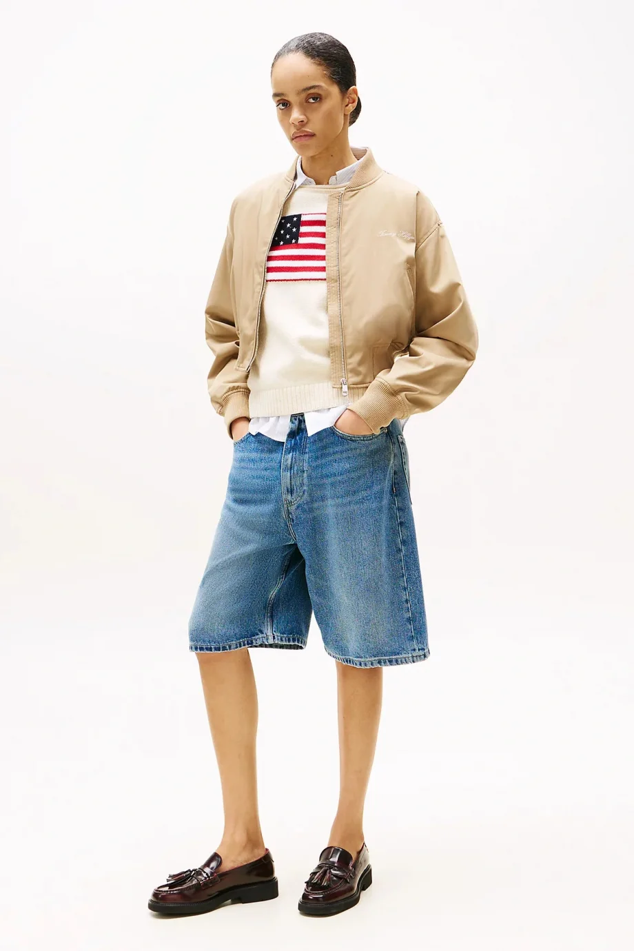 Tommy Hilfiger Kadın Naylon Normal Kesim Kısa Bej Bomber  Ceket WW0WW45634AEH