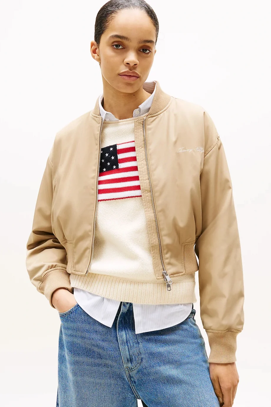 Tommy Hilfiger Kadın Naylon Normal Kesim Kısa Bej Bomber Ceket WW0WW45634AEH