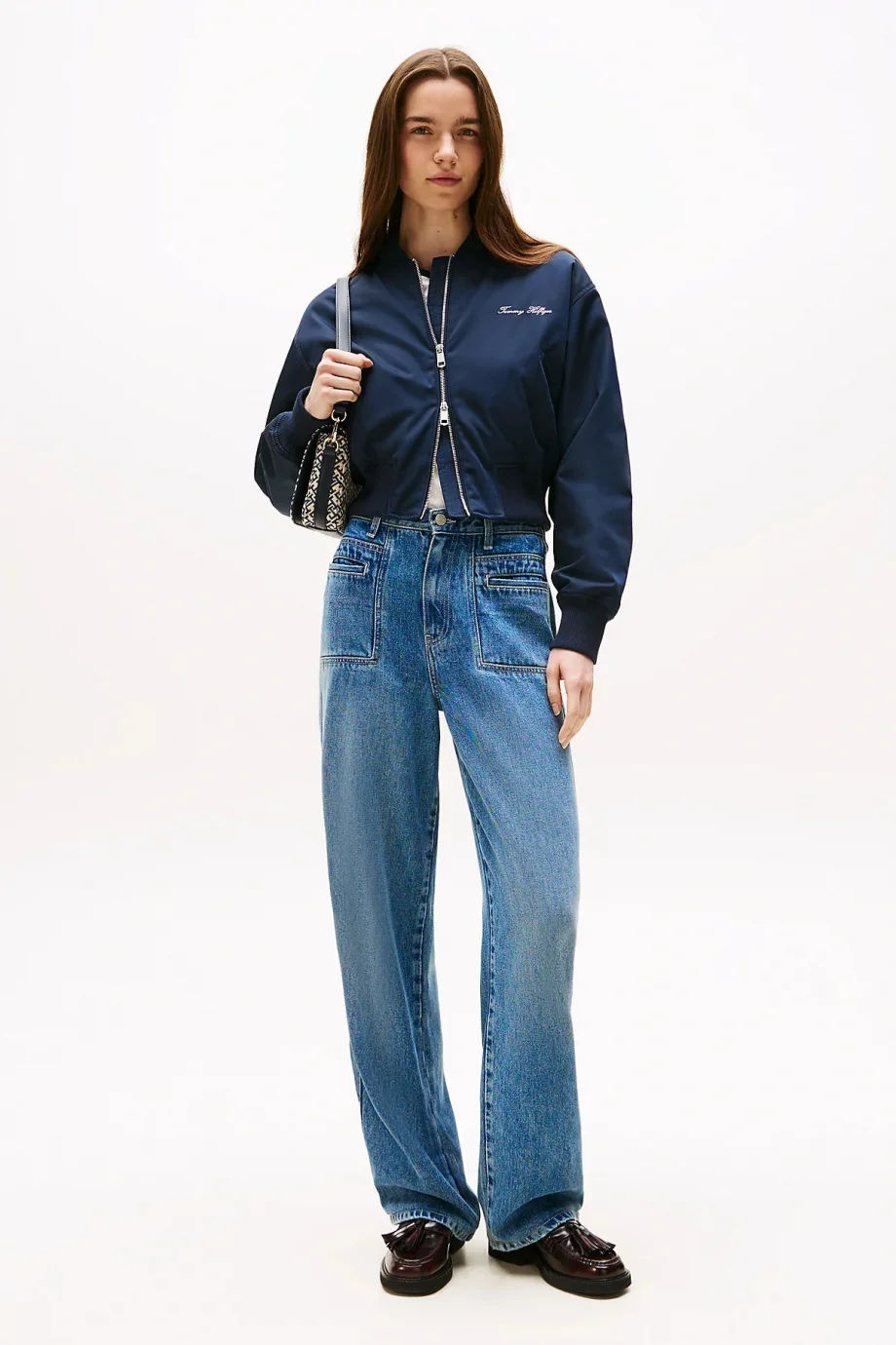 Tommy Hilfiger Kadın Naylon Normal Kesim Kısa Mavi Bomber  Ceket WW0WW45634C1G