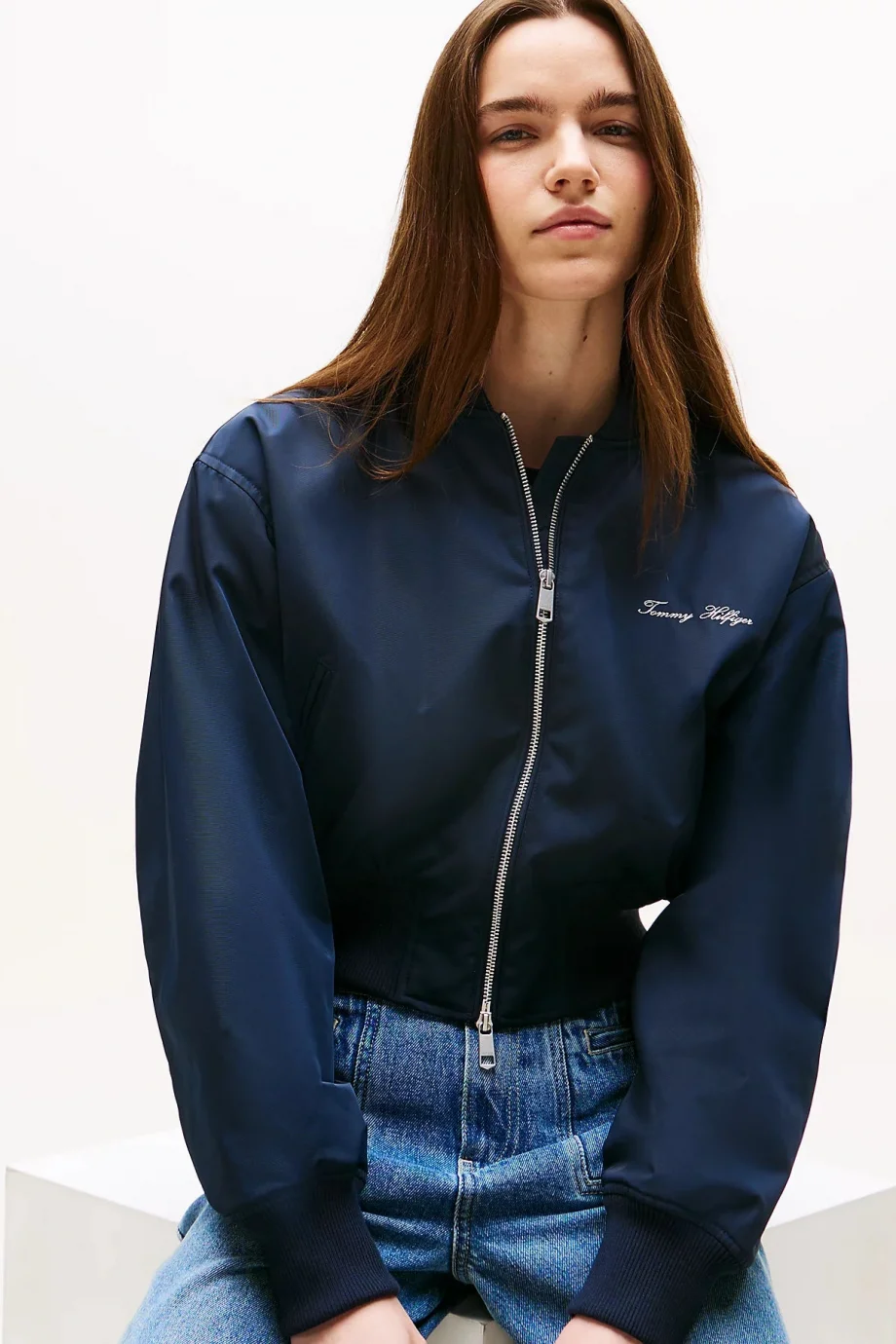 Tommy Hilfiger Kadın Naylon Normal Kesim Kısa Mavi Bomber  Ceket WW0WW45634C1G