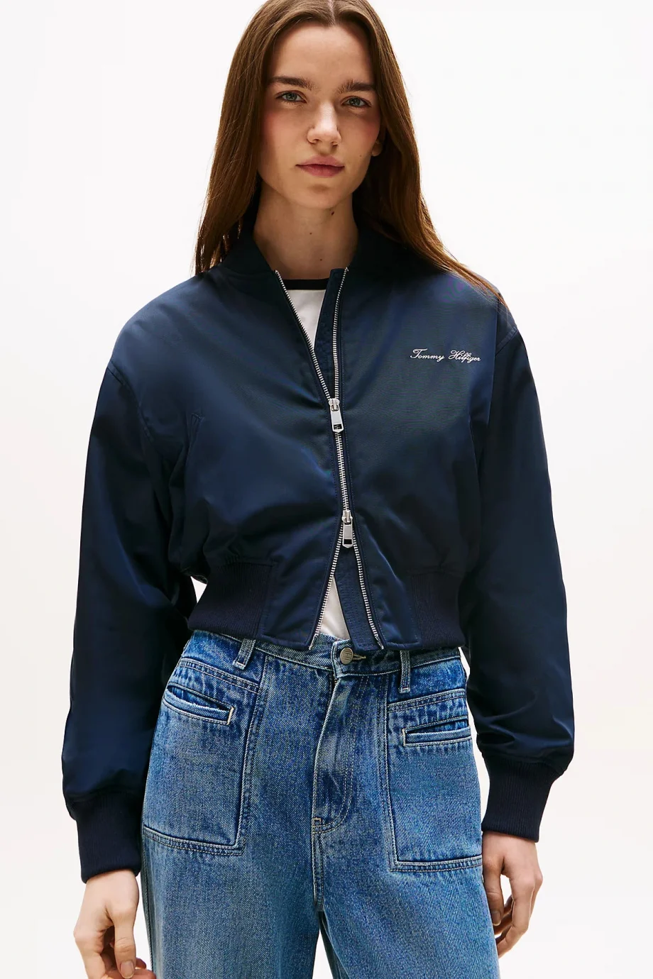 Tommy Hilfiger Kadın Naylon Normal Kesim Kısa Mavi Bomber Ceket WW0WW45634C1G