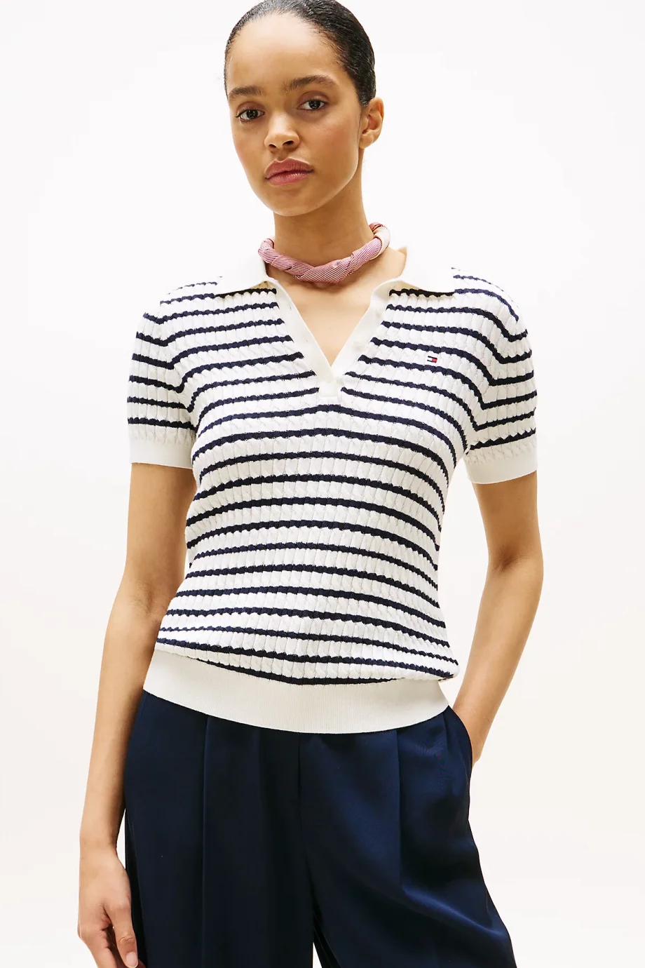 Tommy Hilfiger Kadın Pamuklu İnce Örgü Kısa Kollu Beyaz Polo Yaka  Kazak WW0WW414740FG