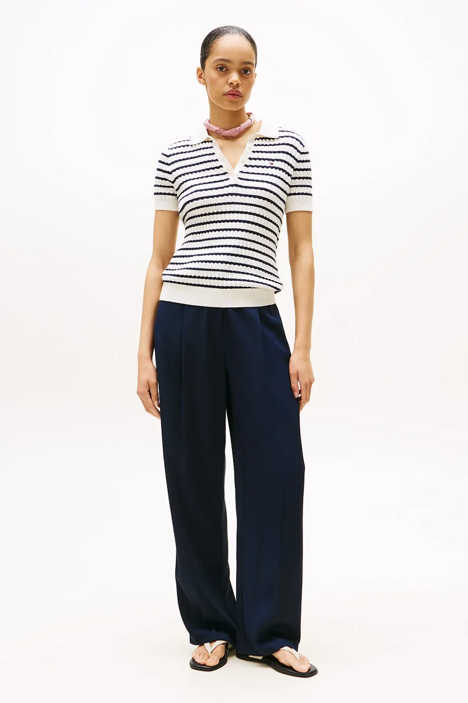 Tommy Hilfiger Kadın Pamuklu İnce Örgü Kısa Kollu Beyaz Polo Yaka  Kazak WW0WW414740FG