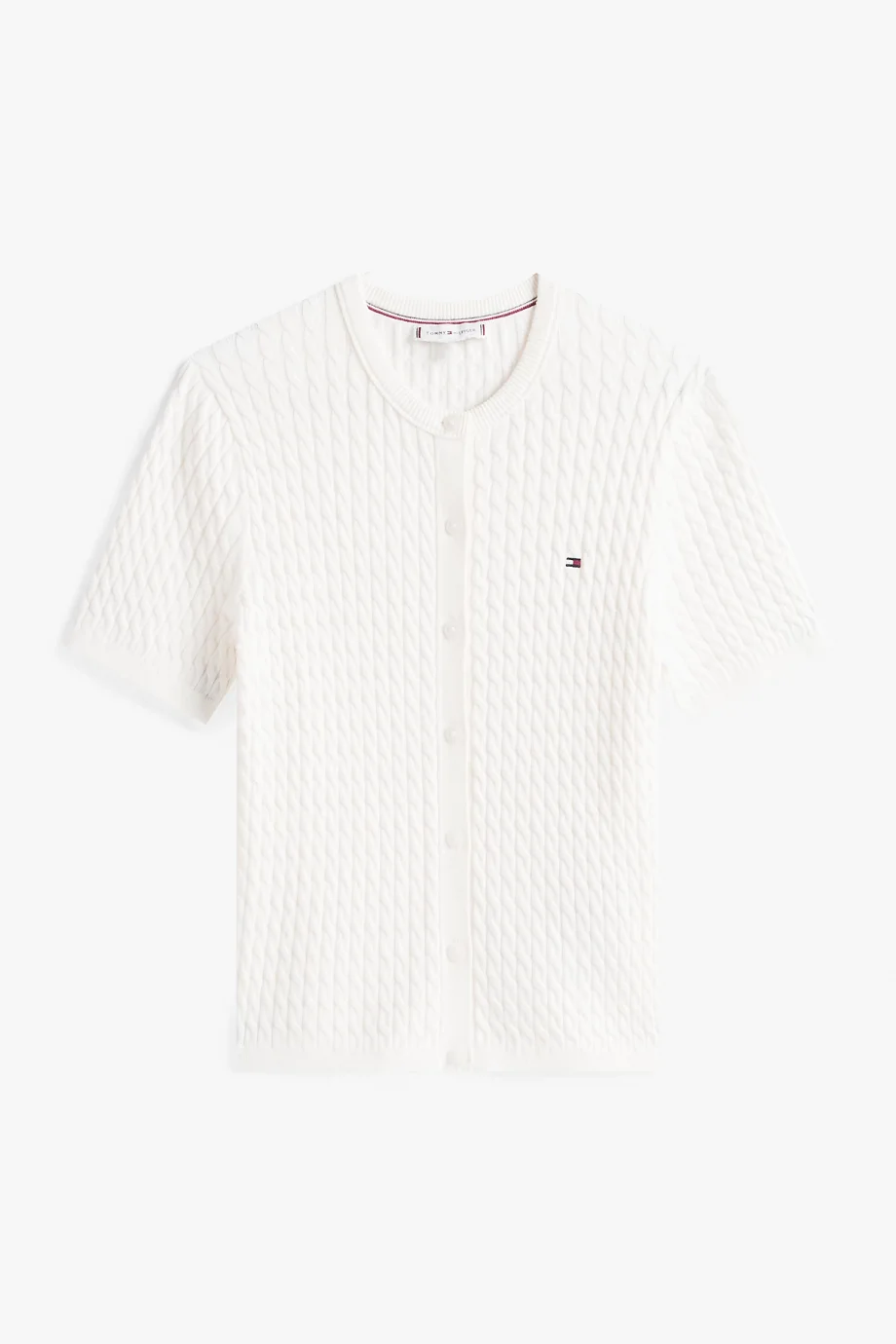 Tommy Hilfiger Kadın Pamuklu İnce Örgü Kısa Kollu Bisiklet Yaka Beyaz Kazak WW0WW45707YA8