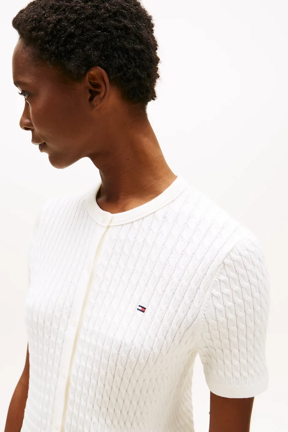 Tommy Hilfiger Kadın Pamuklu İnce Örgü Kısa Kollu Bisiklet Yaka Beyaz Kazak WW0WW45707YA8