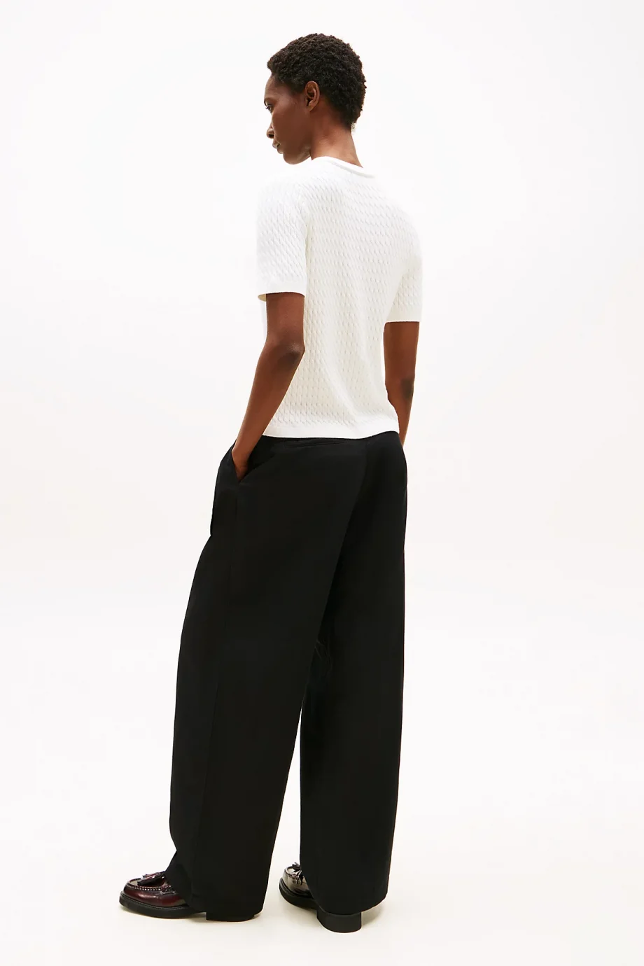 Tommy Hilfiger Kadın Pamuklu İnce Örgü Kısa Kollu Bisiklet Yaka Beyaz Kazak WW0WW45707YA8