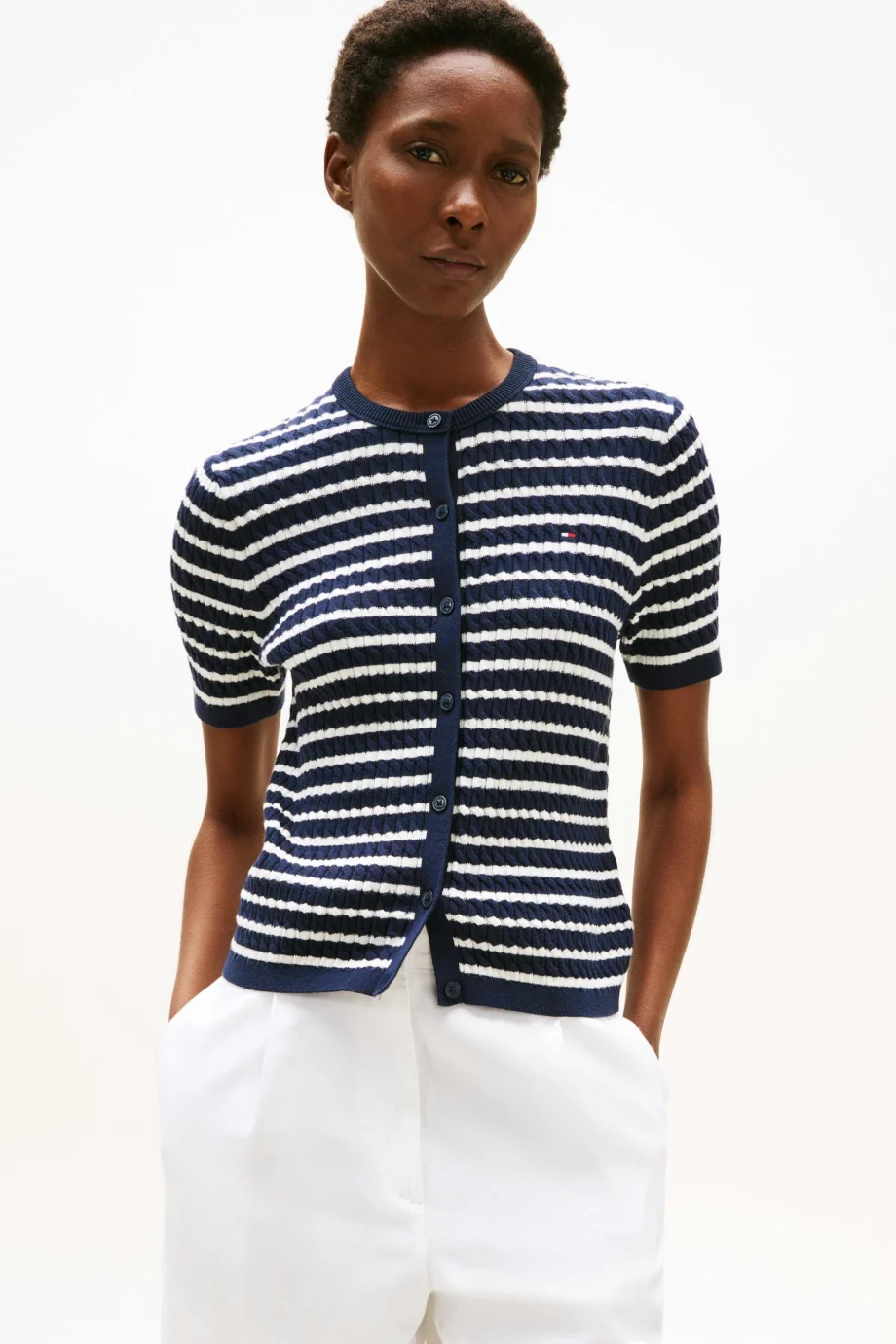 Tommy Hilfiger Kadın Pamuklu İnce Örgü Kısa Kollu Bisiklet Yaka Mavi Kazak WW0WW457070BB