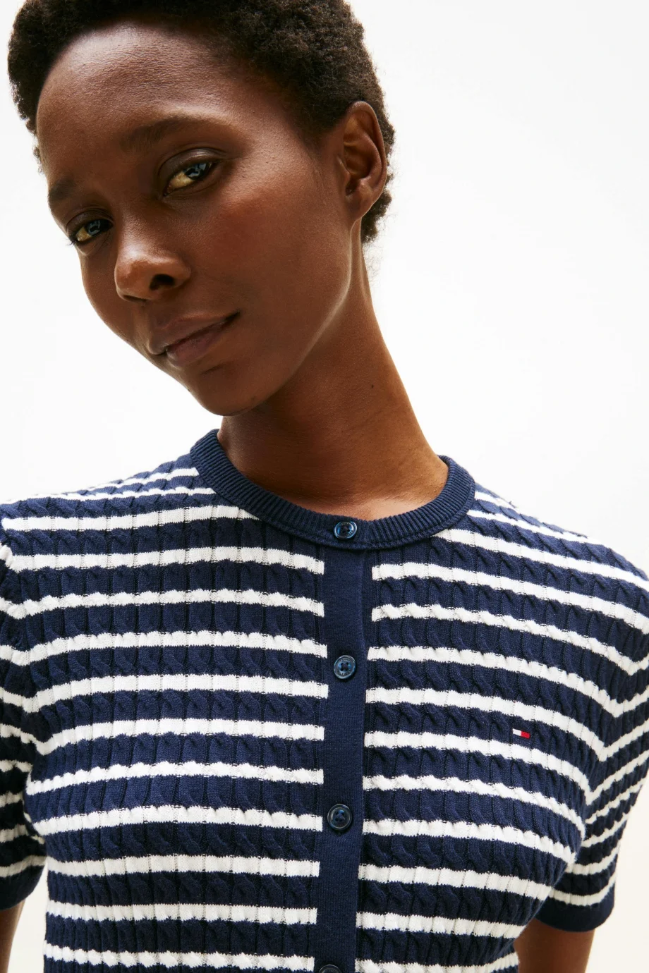 Tommy Hilfiger Kadın Pamuklu İnce Örgü Kısa Kollu Bisiklet Yaka Mavi Kazak WW0WW457070BB