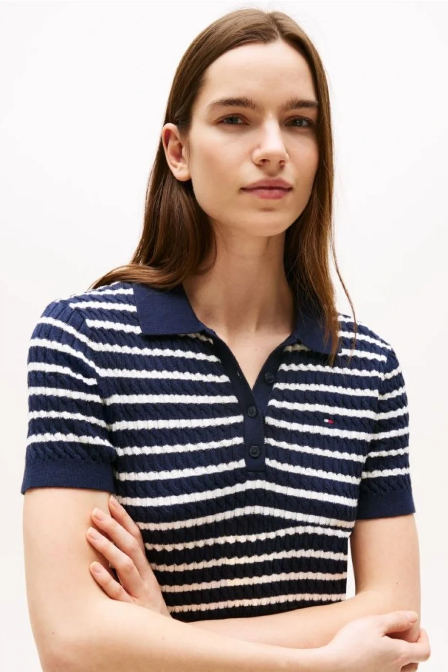 Tommy Hilfiger Kadın Pamuklu İnce Örgü Kısa Kollu Mavi Polo Yaka Kazak WW0WW414740BB