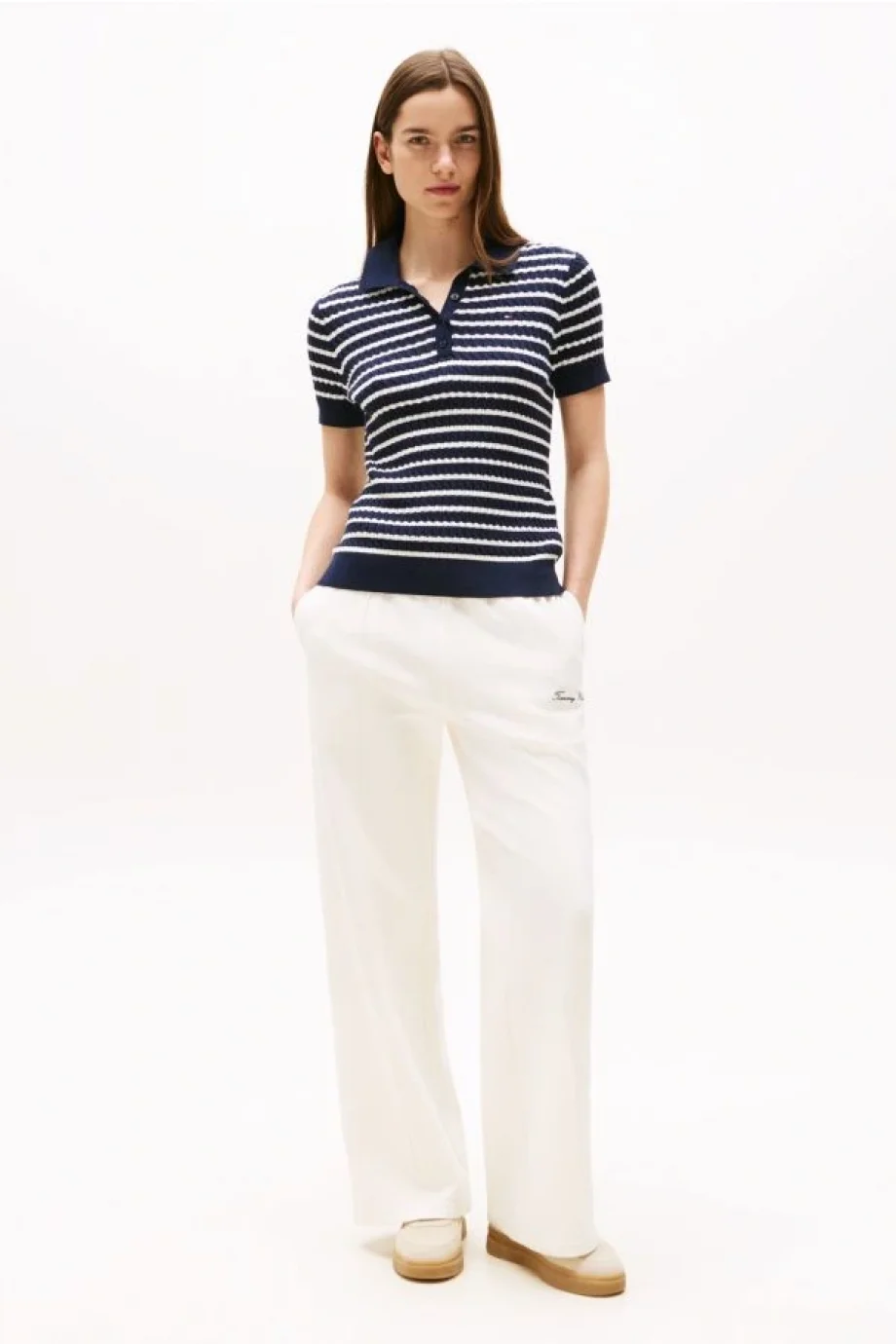 Tommy Hilfiger Kadın Pamuklu İnce Örgü Kısa Kollu Mavi Polo Yaka Kazak WW0WW414740BB