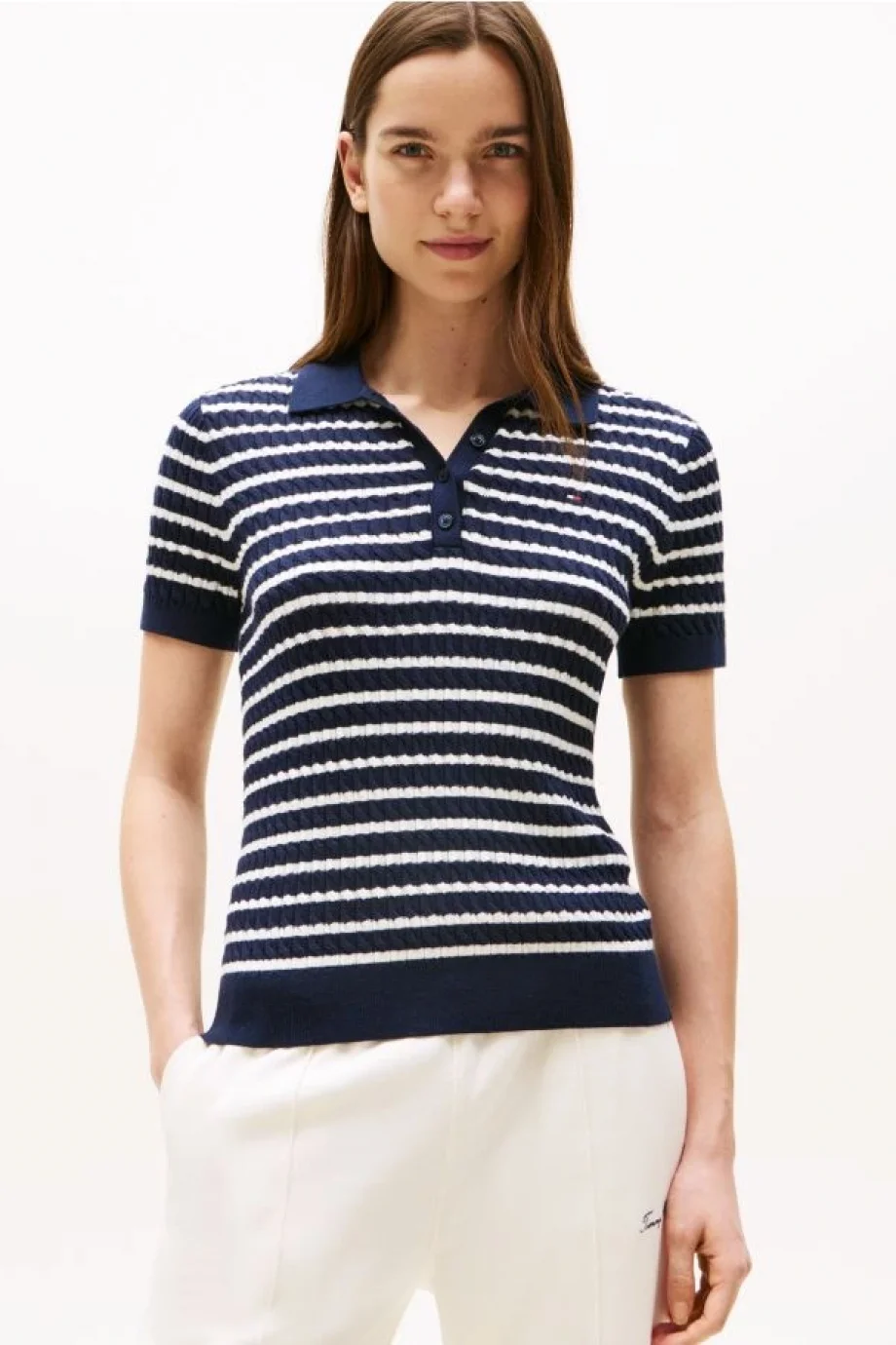 Tommy Hilfiger Kadın Pamuklu İnce Örgü Kısa Kollu Mavi Polo Yaka Kazak WW0WW414740BB