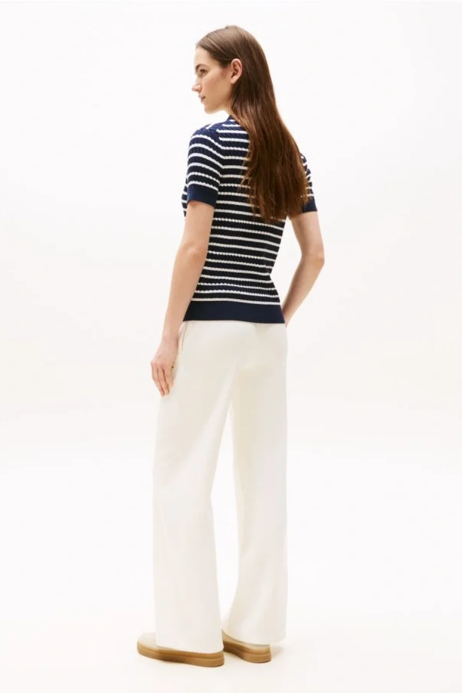 Tommy Hilfiger Kadın Pamuklu İnce Örgü Kısa Kollu Mavi Polo Yaka Kazak WW0WW414740BB