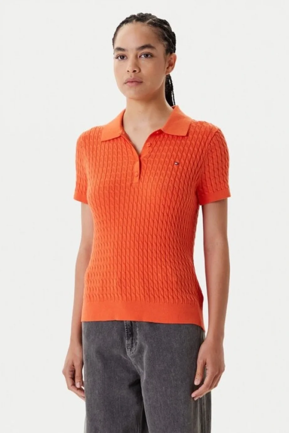 Tommy Hilfiger Kadın Pamuklu İnce Örgü Kısa Kollu Turuncu Polo Yaka Kazak WW0WW41474SCX