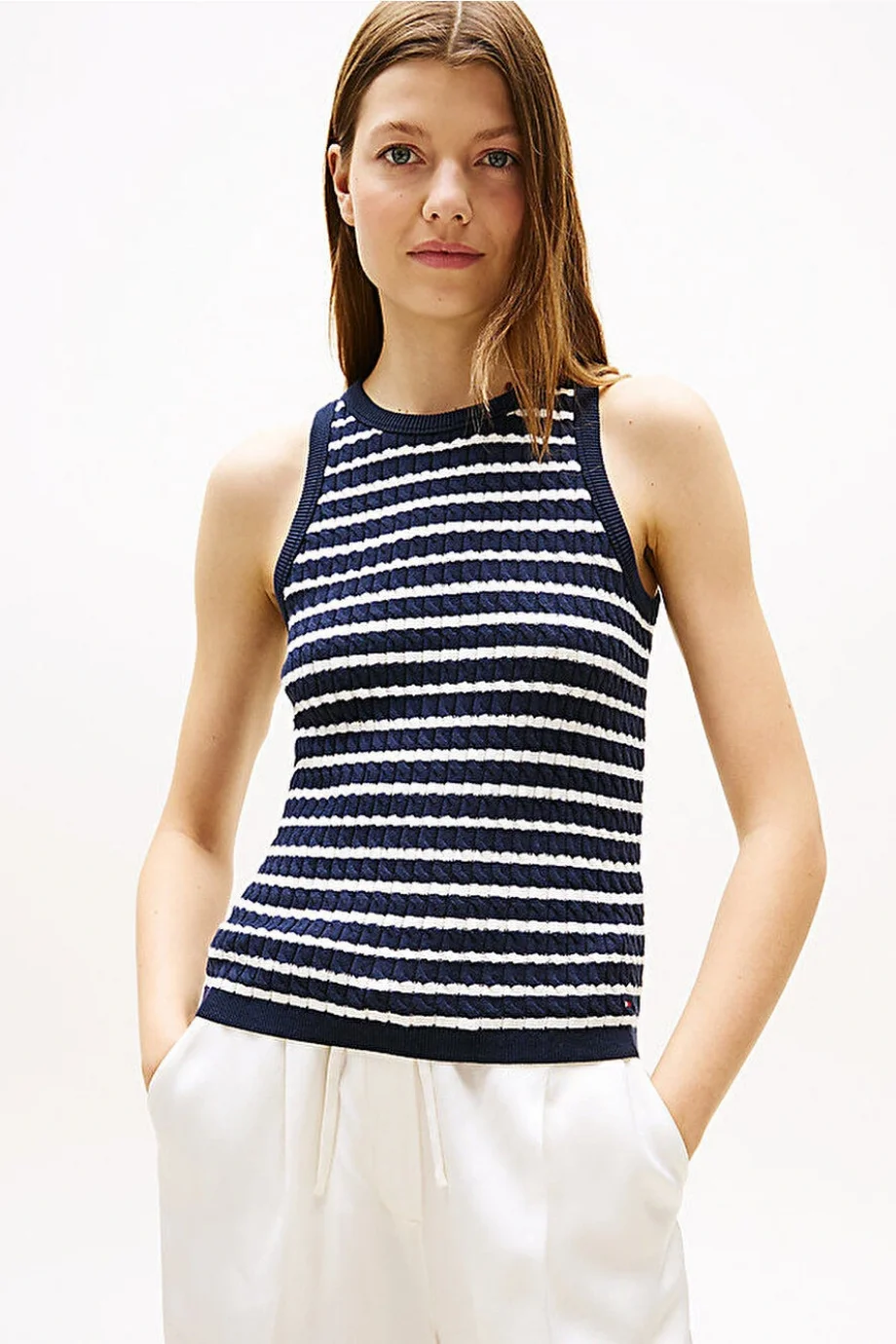 Tommy Hilfiger Kadın Pamuklu İnce Örgü Kolsuz Dar Kesim Mavi Triko WW0WW457060BB