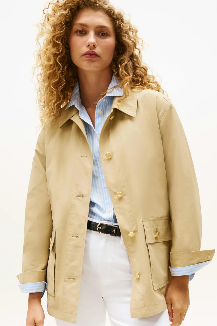 Tommy Hilfiger Kadın Pamuklu Naylon Normal Kesim Bej Safari Ceket WW0WW45620AEX