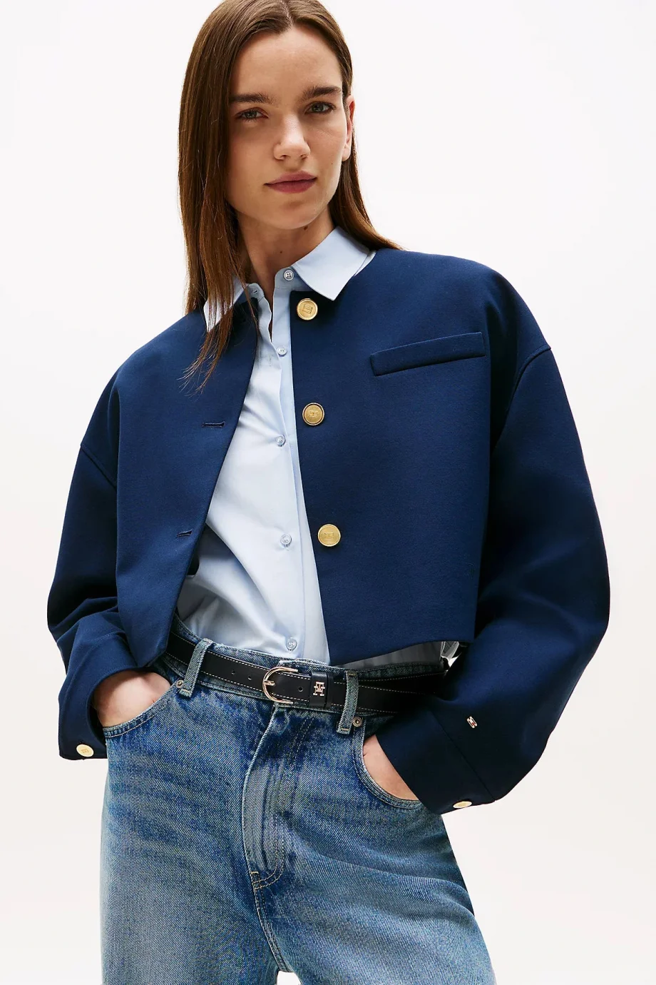 Tommy Hilfiger Kadın Punto Kumaş Kısa Mavi Blazer Ceket WW0WW46519C1G