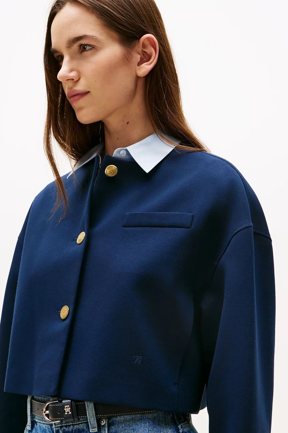 Tommy Hilfiger Kadın Punto Kumaş Kısa Mavi Blazer Ceket WW0WW46519C1G