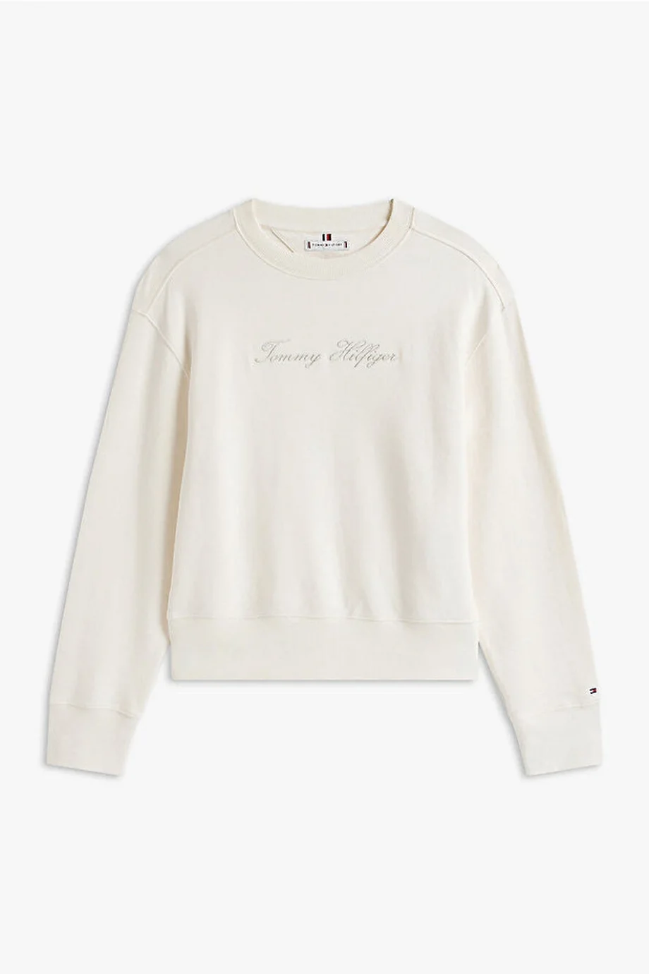 Tommy Hilfiger Kadın Simli Yazı Baskılı Normal Kesim Beyaz Kazak WW0WW47159YA8