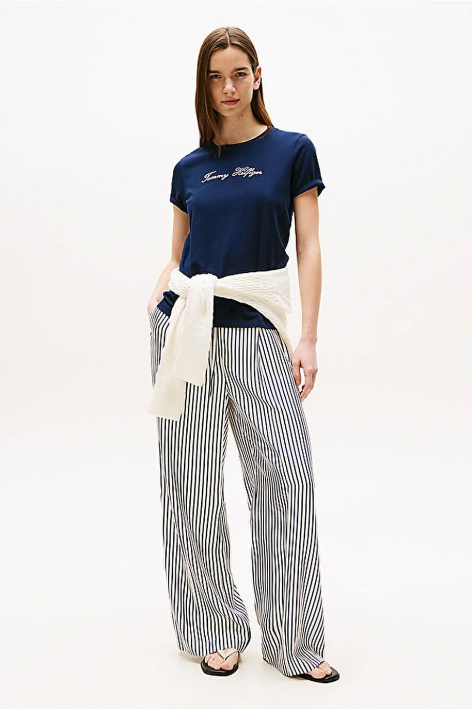 Tommy Hilfiger Kadın Simli Yazı Baskılı Normal Kesim Kısa Kollu Mavi T-shirt WW0WW47210C1G