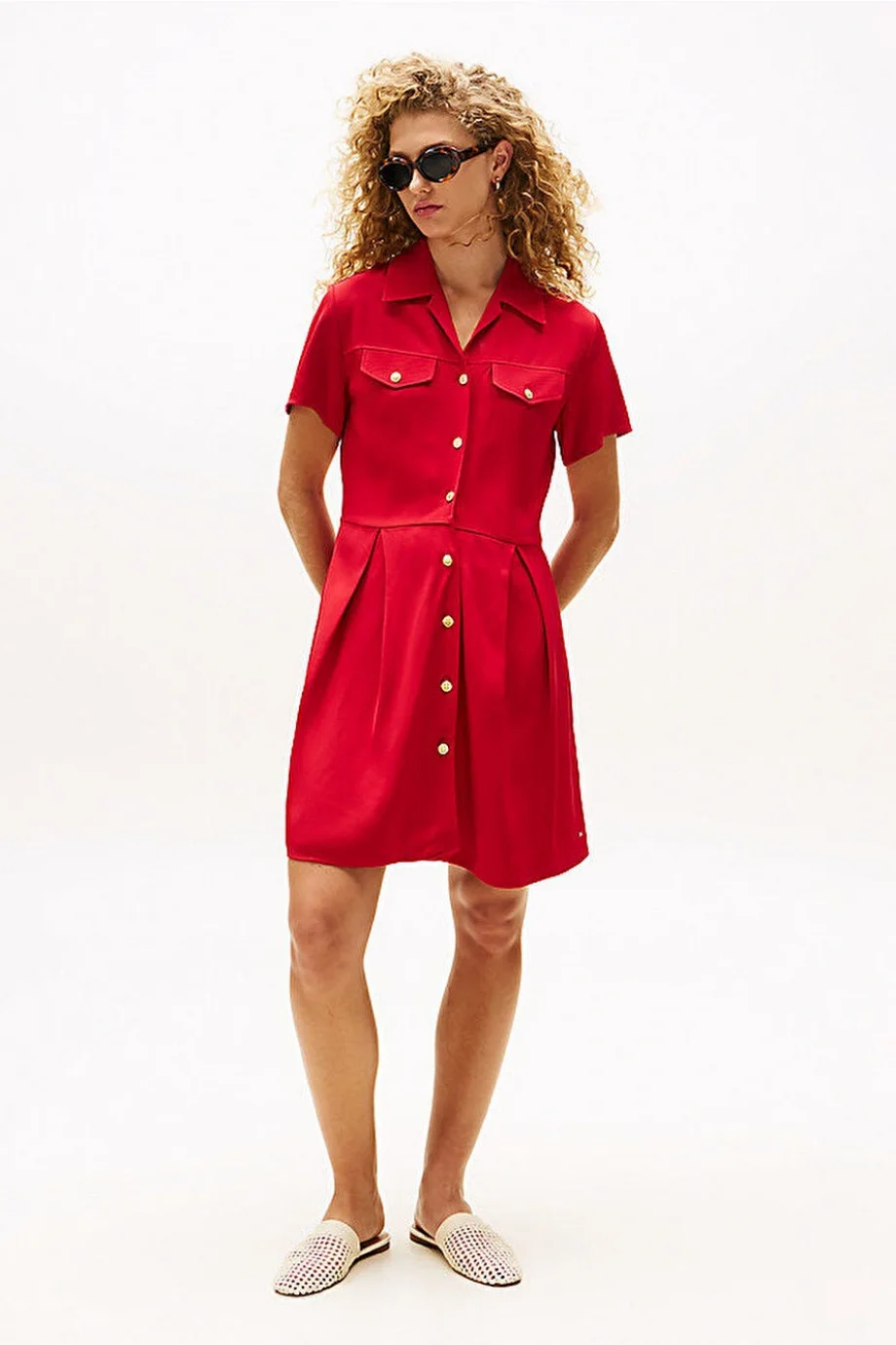 Tommy Hilfiger Kadın Viskon Twill Kısa Kollu Kloş Mini Kırmızı Elbise WW0WW45819XLD