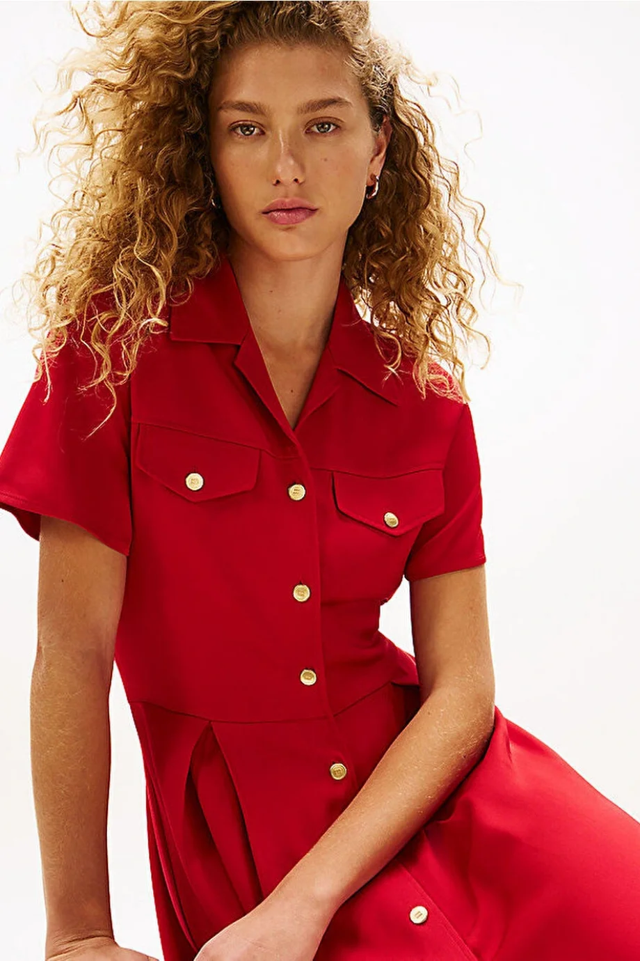 Tommy Hilfiger Kadın Viskon Twill Kısa Kollu Kloş Mini Kırmızı Elbise WW0WW45819XLD