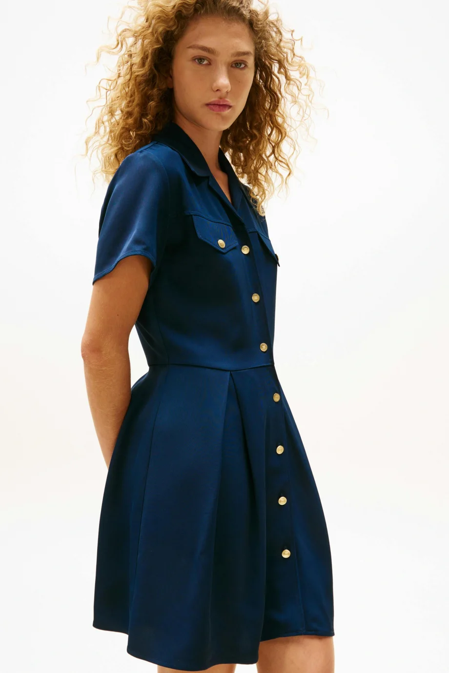 Tommy Hilfiger Kadın Viskon Twill Kısa Kollu Kloş Mini Mavi Elbise WW0WW45819C1G