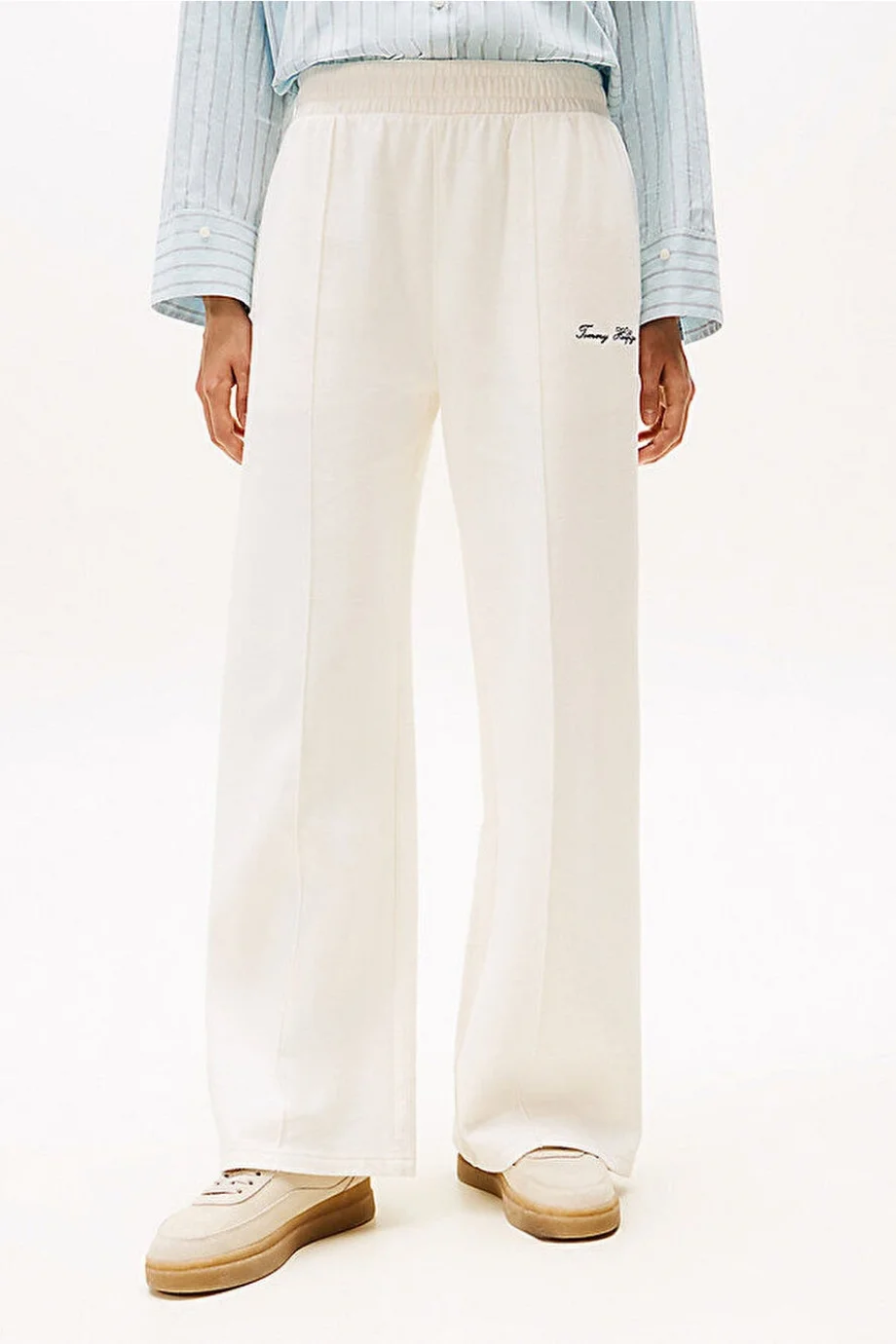 Tommy Hilfiger Kadın Yazı Baskılı Düz Paça Pike Beyaz Eşofman Altı WW0WW45744YA8