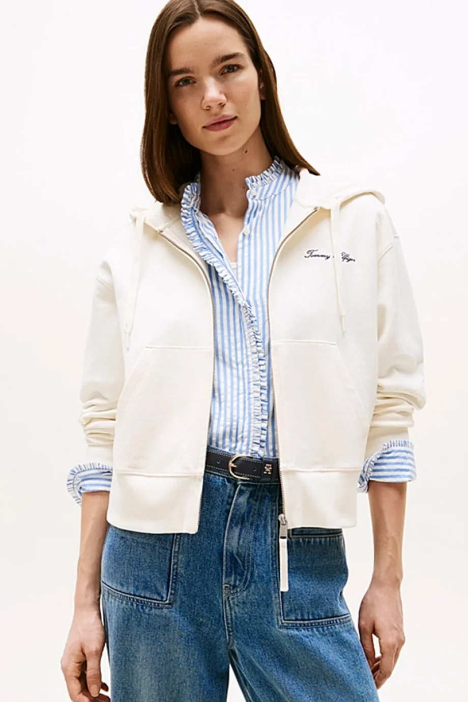 Tommy Hilfiger Kadın Yazı Baskılı Pike Fermuarlı Kapüşonlu Beyaz Eşofman Üstü WW0WW45742YA8