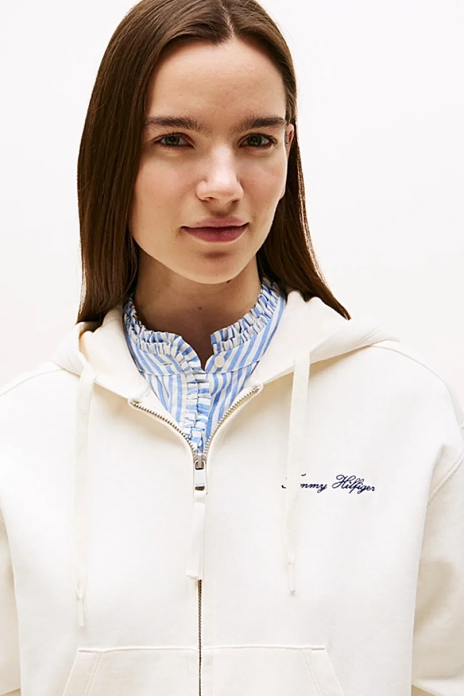 Tommy Hilfiger Kadın Yazı Baskılı Pike Fermuarlı Kapüşonlu Beyaz  Eşofman Üstü WW0WW45742YA8