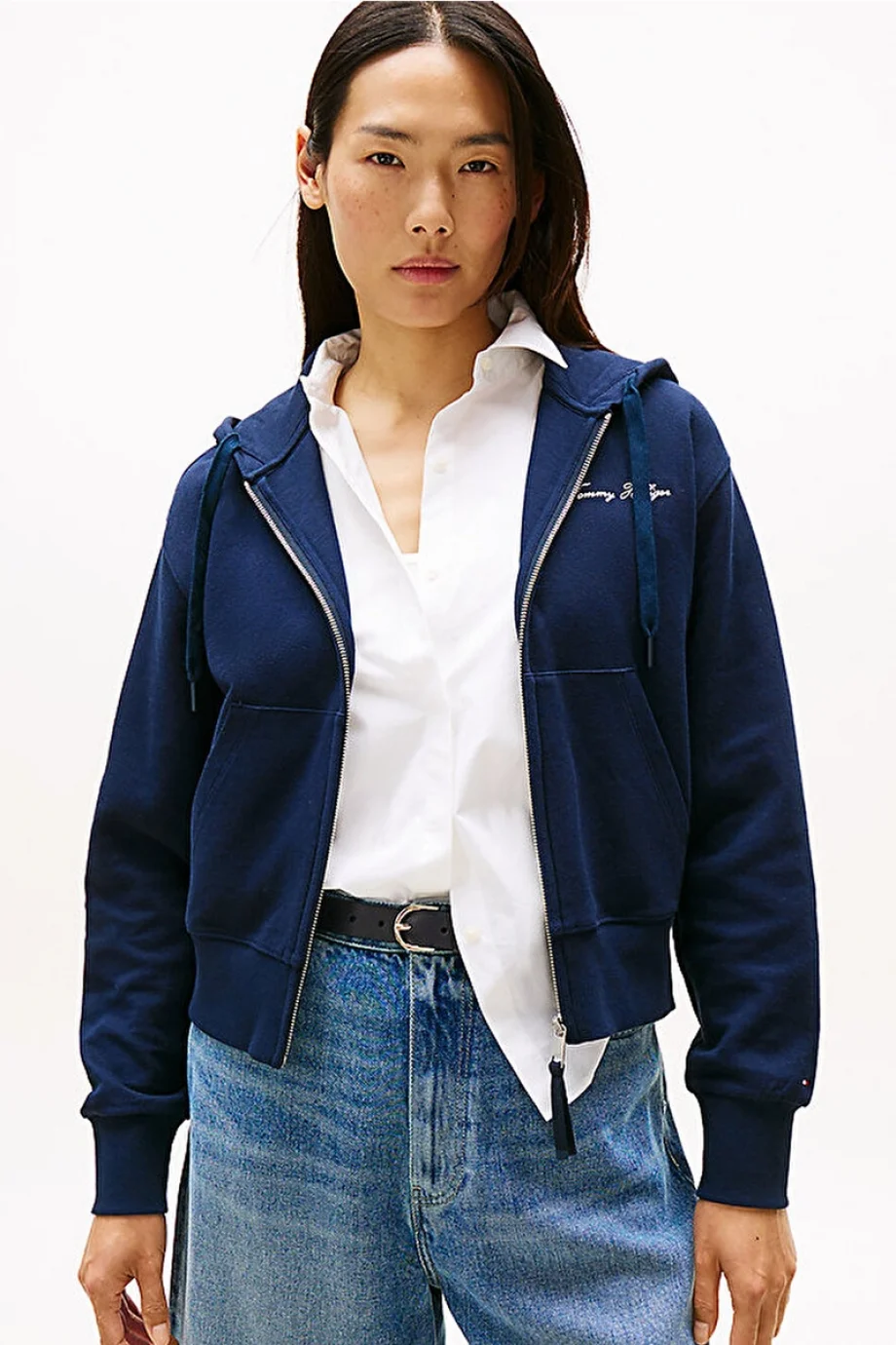 Tommy Hilfiger Kadın Yazı Baskılı Pike Fermuarlı Kapüşonlu Mavi  Eşofman Üstü  WW0WW45742C1G