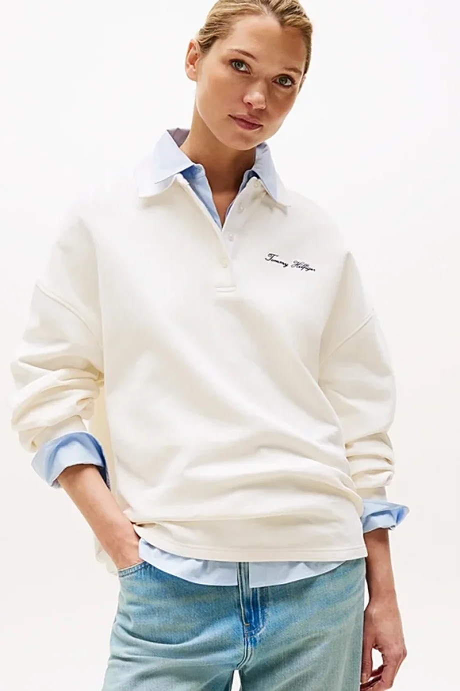 Tommy Hilfiger Kadın Yazı Baskılı Pike Rugby Beyaz Sweatshirt WW0WW45779YA8