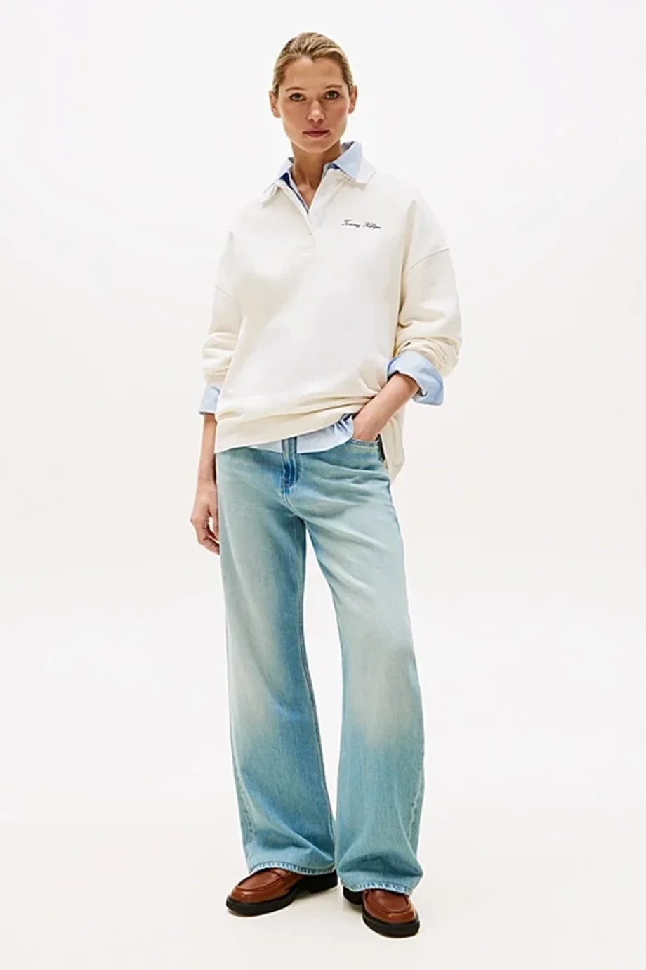 Tommy Hilfiger Kadın Yazı Baskılı Pike Rugby Beyaz Sweatshirt WW0WW45779YA8