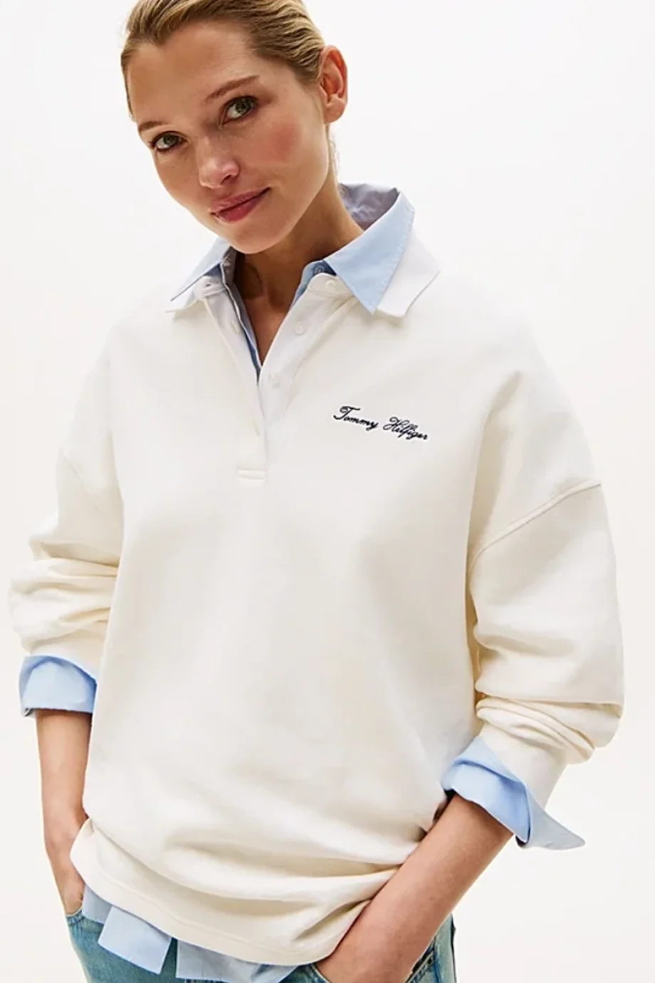 Tommy Hilfiger Kadın Yazı Baskılı Pike Rugby Beyaz Sweatshirt WW0WW45779YA8