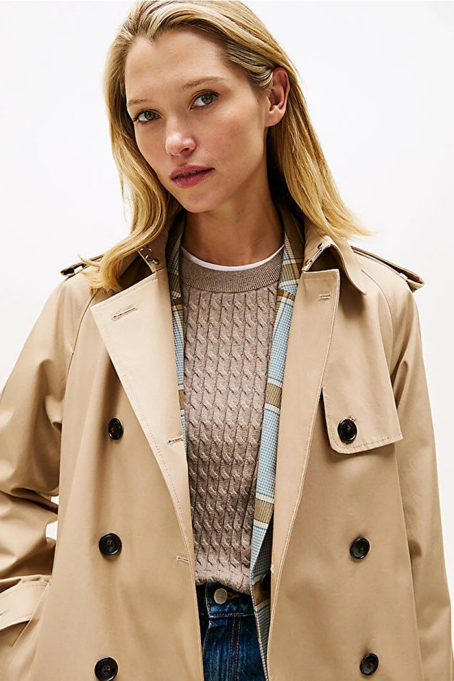 Tommy Hilfiger Pamuklu Normal Kesim Kruvaze Kadın Bej Mont WW0WW46529AEG