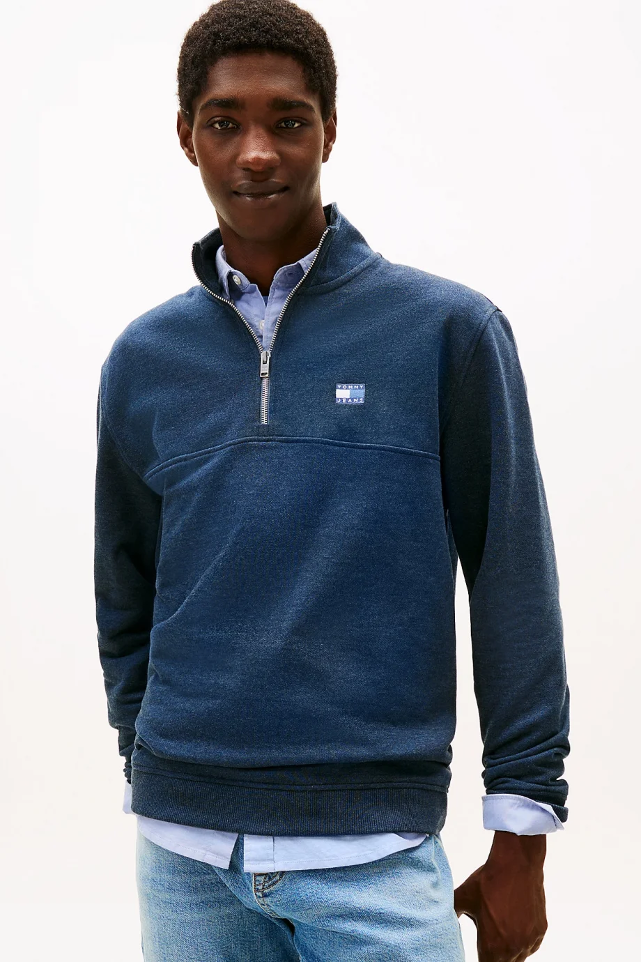 Tommy Hilfiger TJM Normal Kesim Amblemli Yarım Fermuarlı Erkek Mavi Sweatshirt DM0DM22344C1G