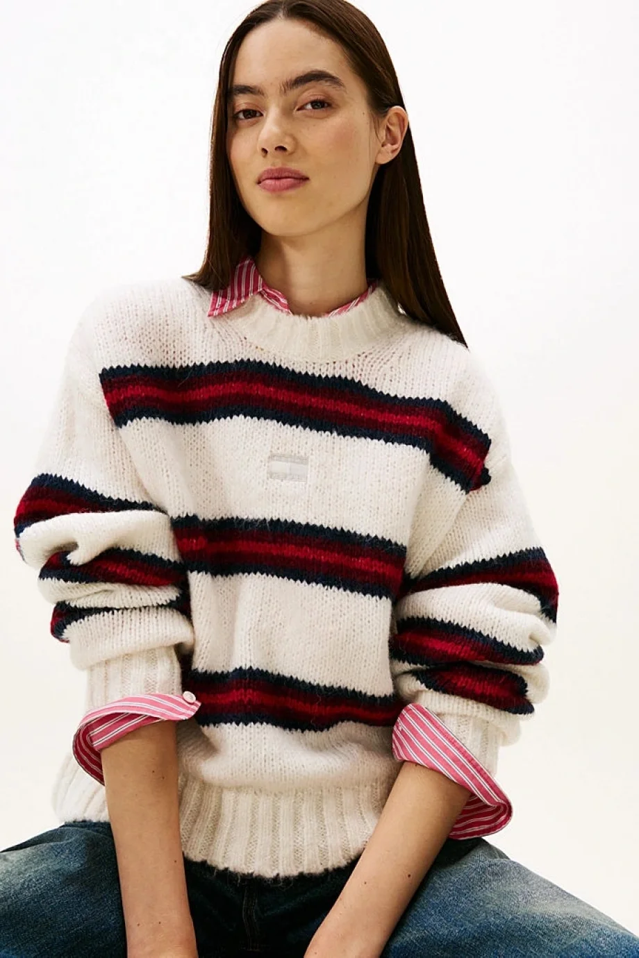 Tommy Hilfiger TJW Armalı Çizgili Yumuşak Kadın Beyaz Kazak DW0DW21679YBH