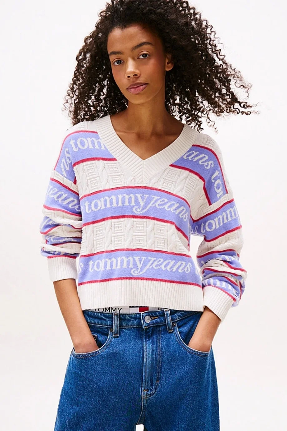 Tommy Hilfiger TJW Çizgili Logolu Kadın Beyaz Kazak DW0DW21682YBH