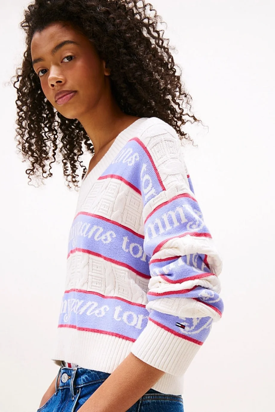 Tommy Hilfiger TJW Çizgili Logolu Kadın Beyaz Kazak DW0DW21682YBH