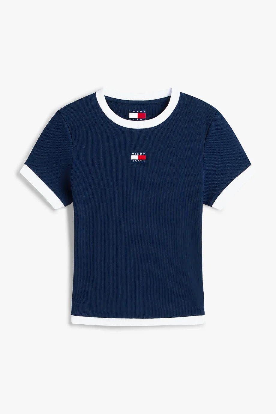 Tommy Hilfiger TJW Dar Kesim Amblemli Kısa Kollu Fitilli Kadın Mavi T-shirt DW0DW22575C1G