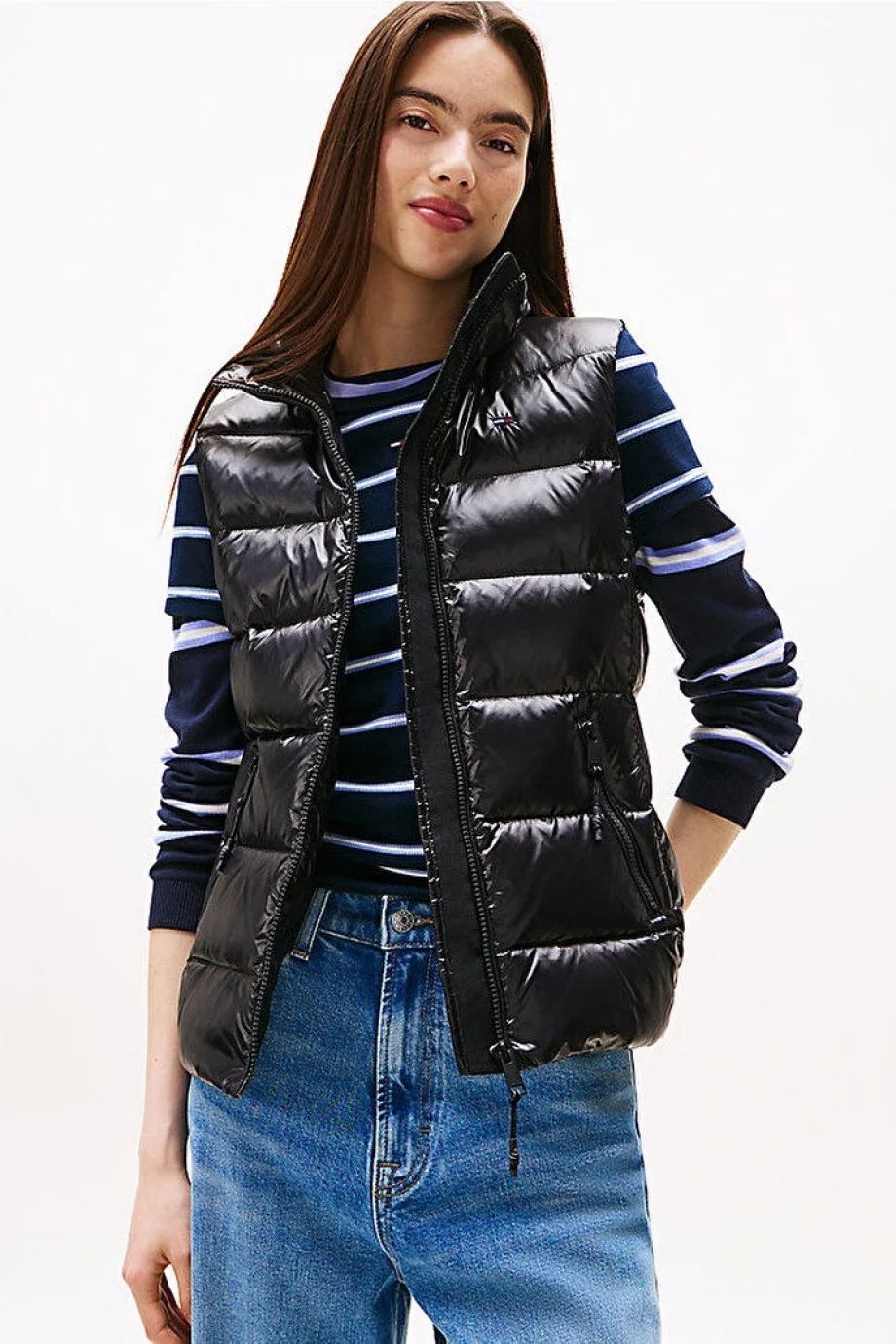 Tommy Hilfiger TJW Dar Kesim Fermuarlı Baskılı Kuş Tüyü Kadın Siyah Yelek DW0DW21622BDS