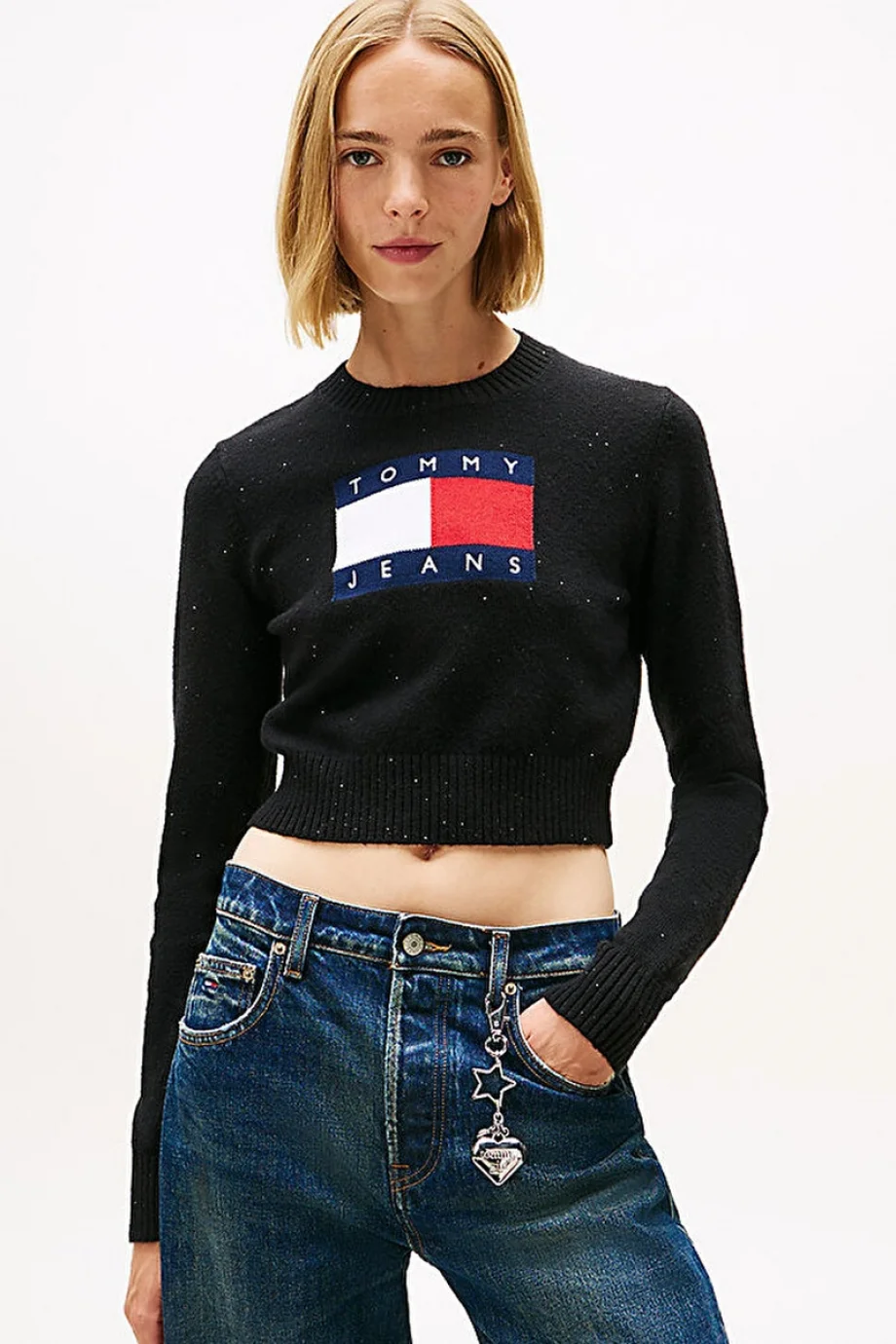 Tommy Hilfiger TJW Işıltılı Bayrak Desenli Kadın Siyah Kazak DW0DW21690BDS