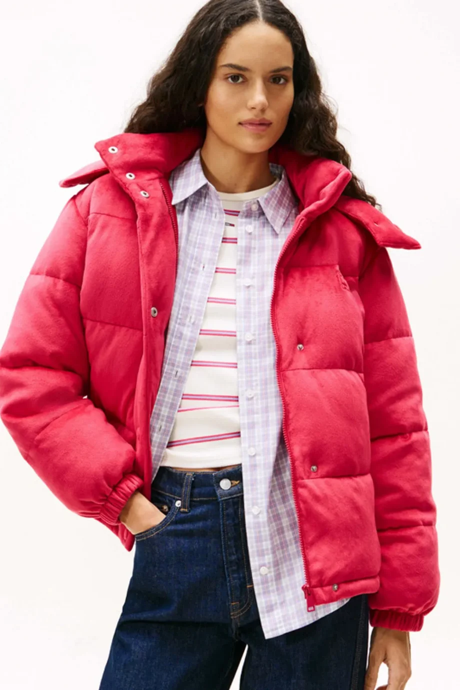 Tommy Hilfiger TJW Kapitone Kadife Şişme Kadın Kırmızı  Mont  DW0DW21668XJP