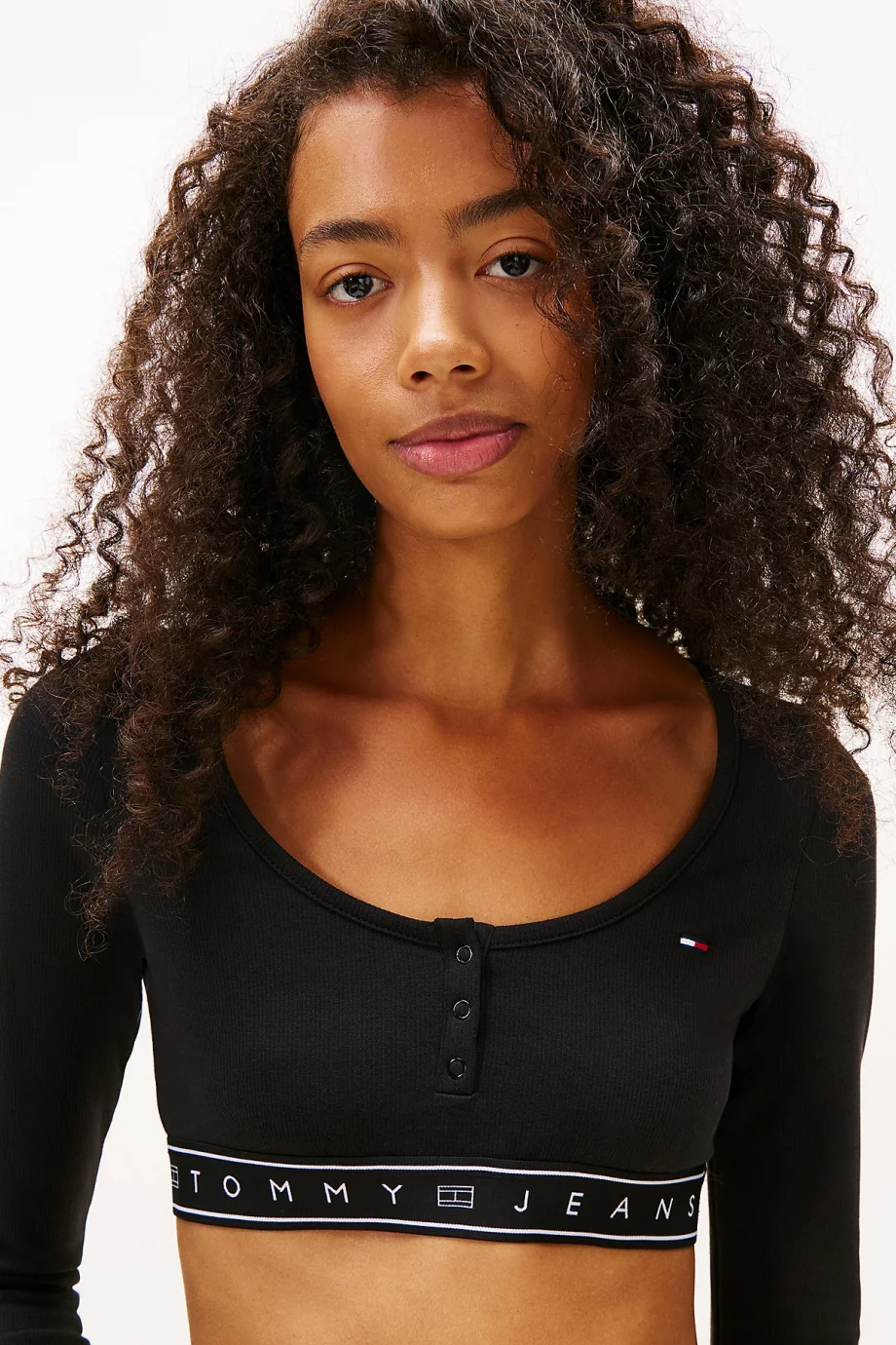 Tommy Hilfiger TJW Kısa Şerit Detaylı Uzun Kollu Fitilli Kadın Siyah T-shirt DW0DW22538BDS