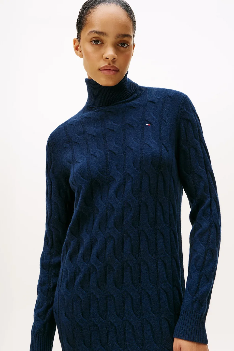 Tommy Hilfiger Yumuşak Yün Saç Örgülü Balıkçı Yaka Uzun Kollu Kadın Mavi Elbise WW0WW46429C1G