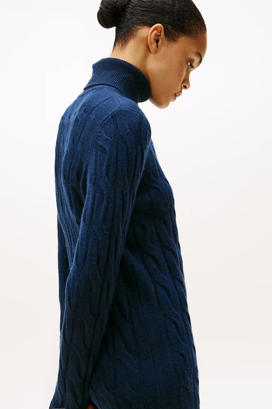 Tommy Hilfiger Yumuşak Yün Saç Örgülü Balıkçı Yaka Uzun Kollu Kadın Mavi Elbise WW0WW46429C1G