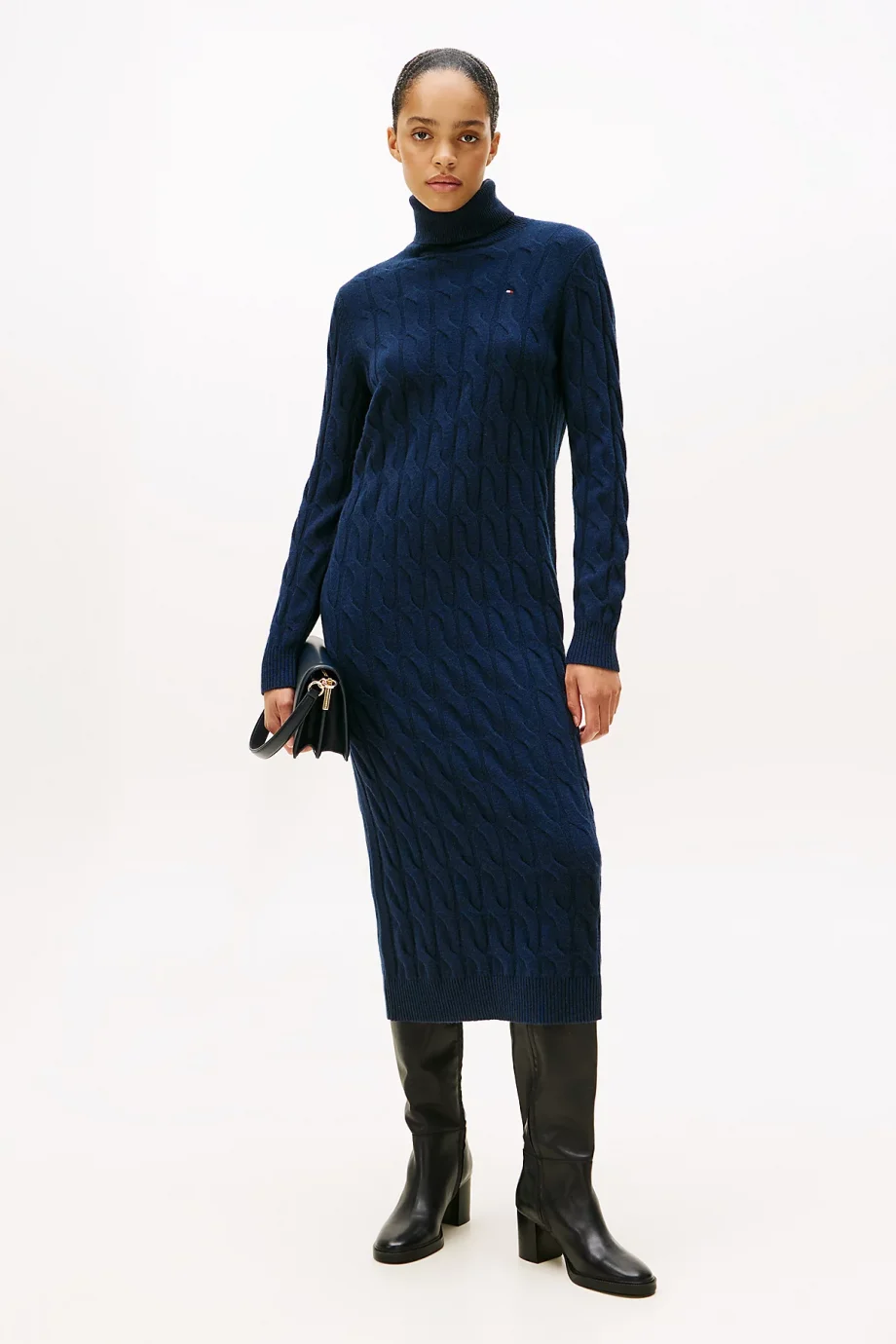 Tommy Hilfiger Yumuşak Yün Saç Örgülü Balıkçı Yaka Uzun Kollu Kadın Mavi Elbise WW0WW46429C1G