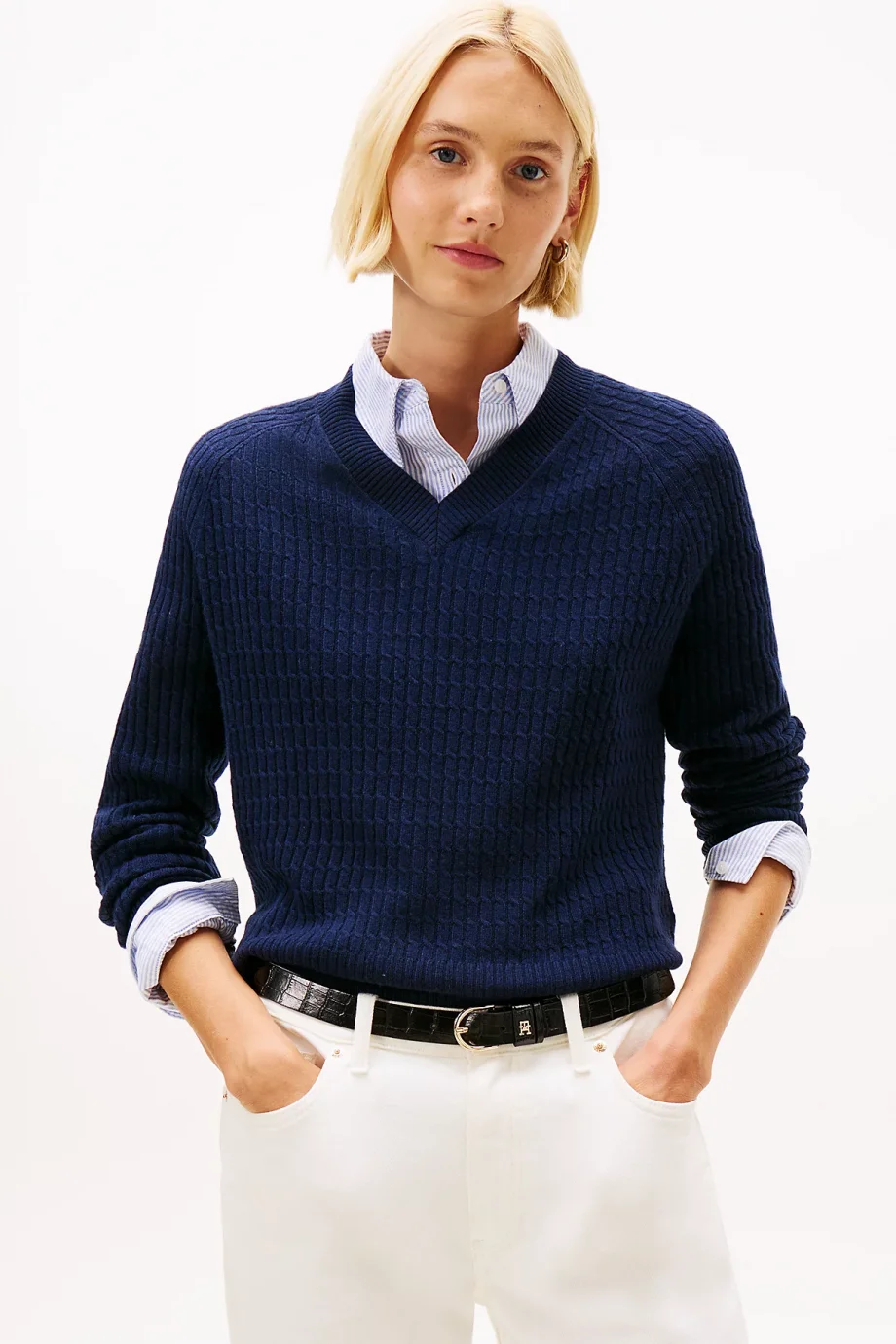 Tommy Hilfiger Yün Kaşmir Karışımlı Saç Örgülü V Yaka Uzun Kollu Kadın Mavi Kazak WW0WW464170Z0